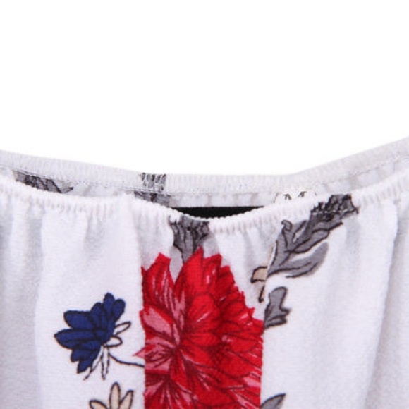 Off Shoulder Long Sleeve Red Floral Chiffon Romper - Picture 7 of 8